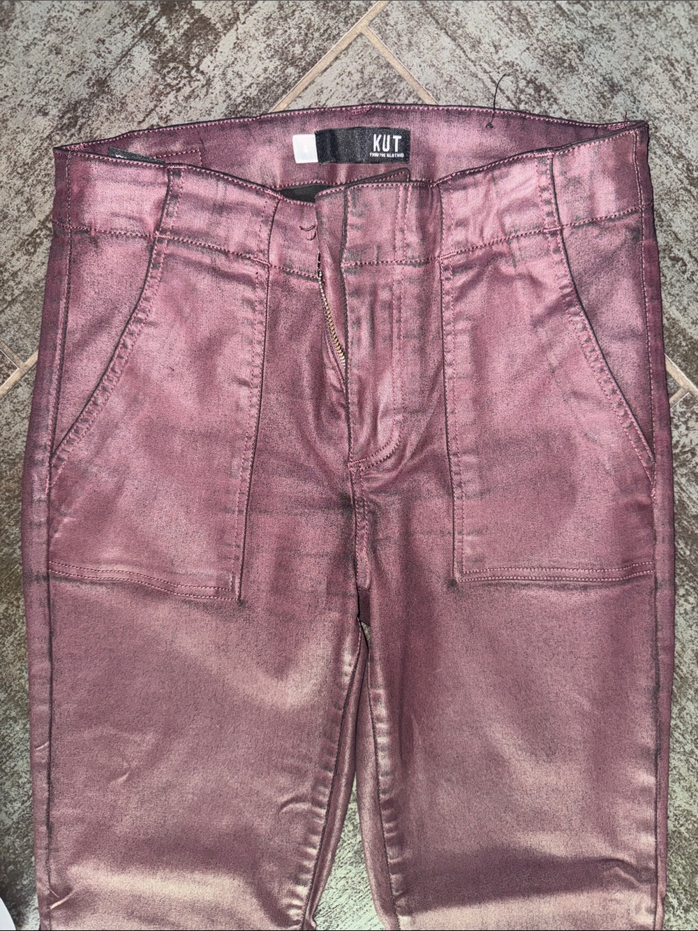 Kut From The Kloth Shimmery Plum Metallic Ankle Zip Crop Jeans - Picture 3 of 7